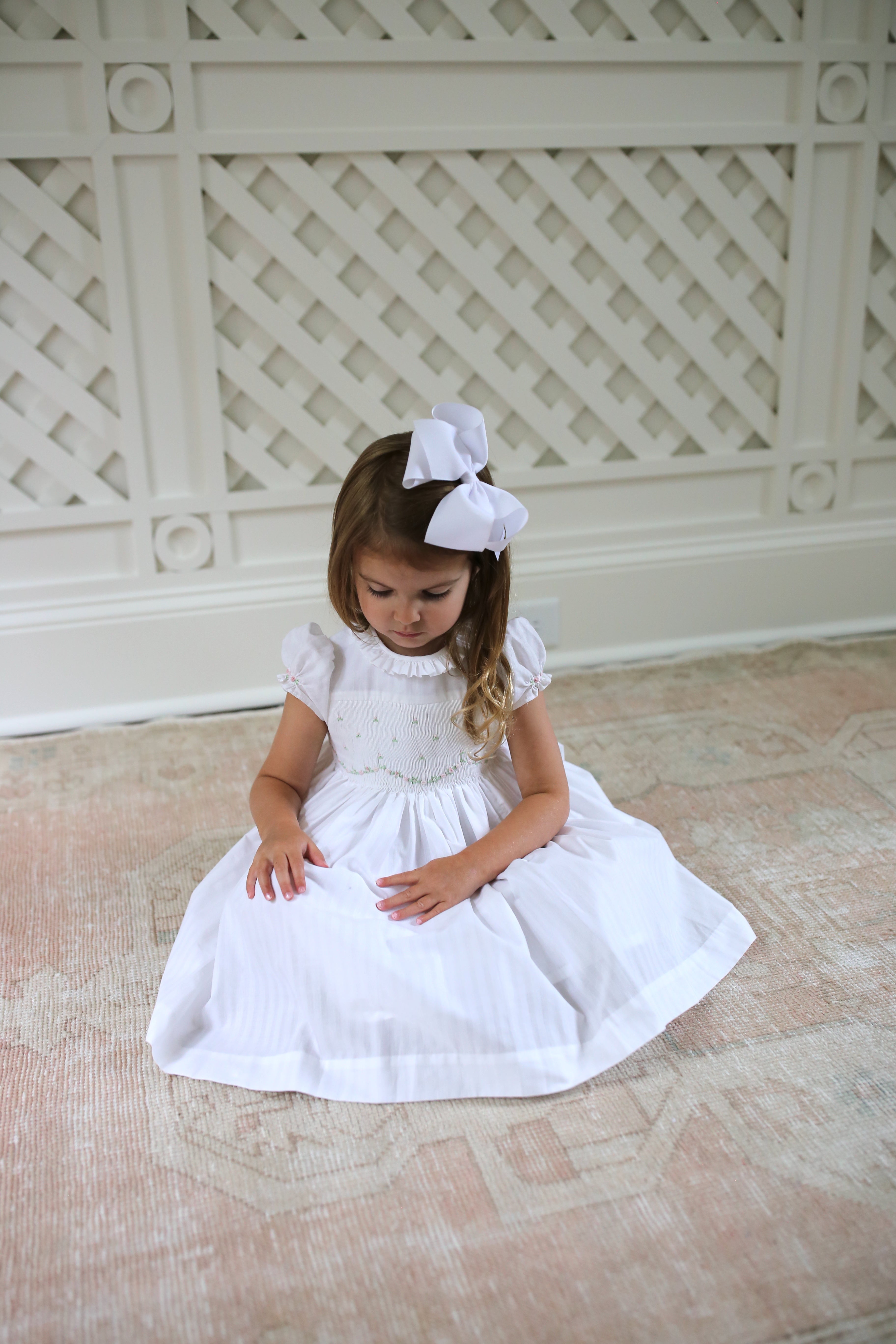 White garden party smocked dress