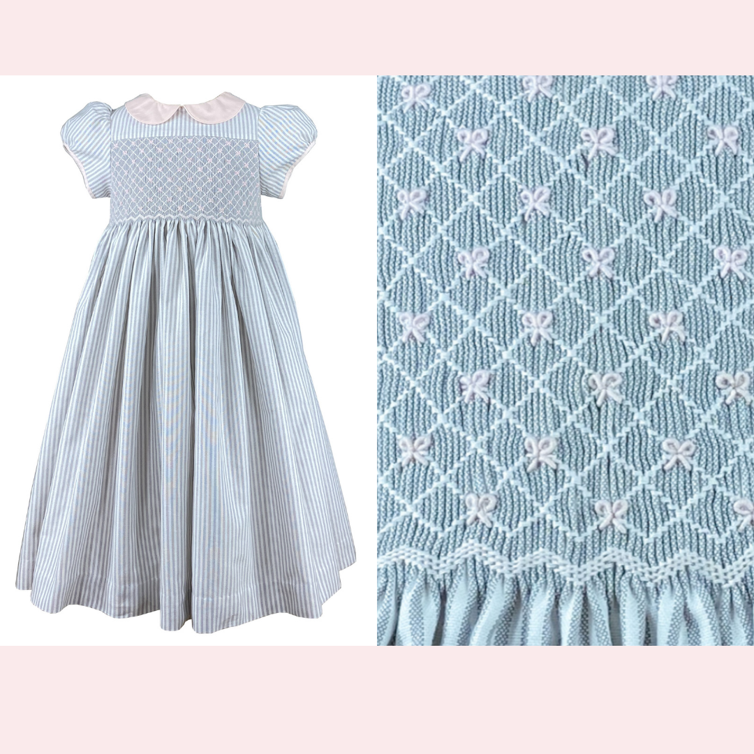 White and grey striped pink tiny bow smocks