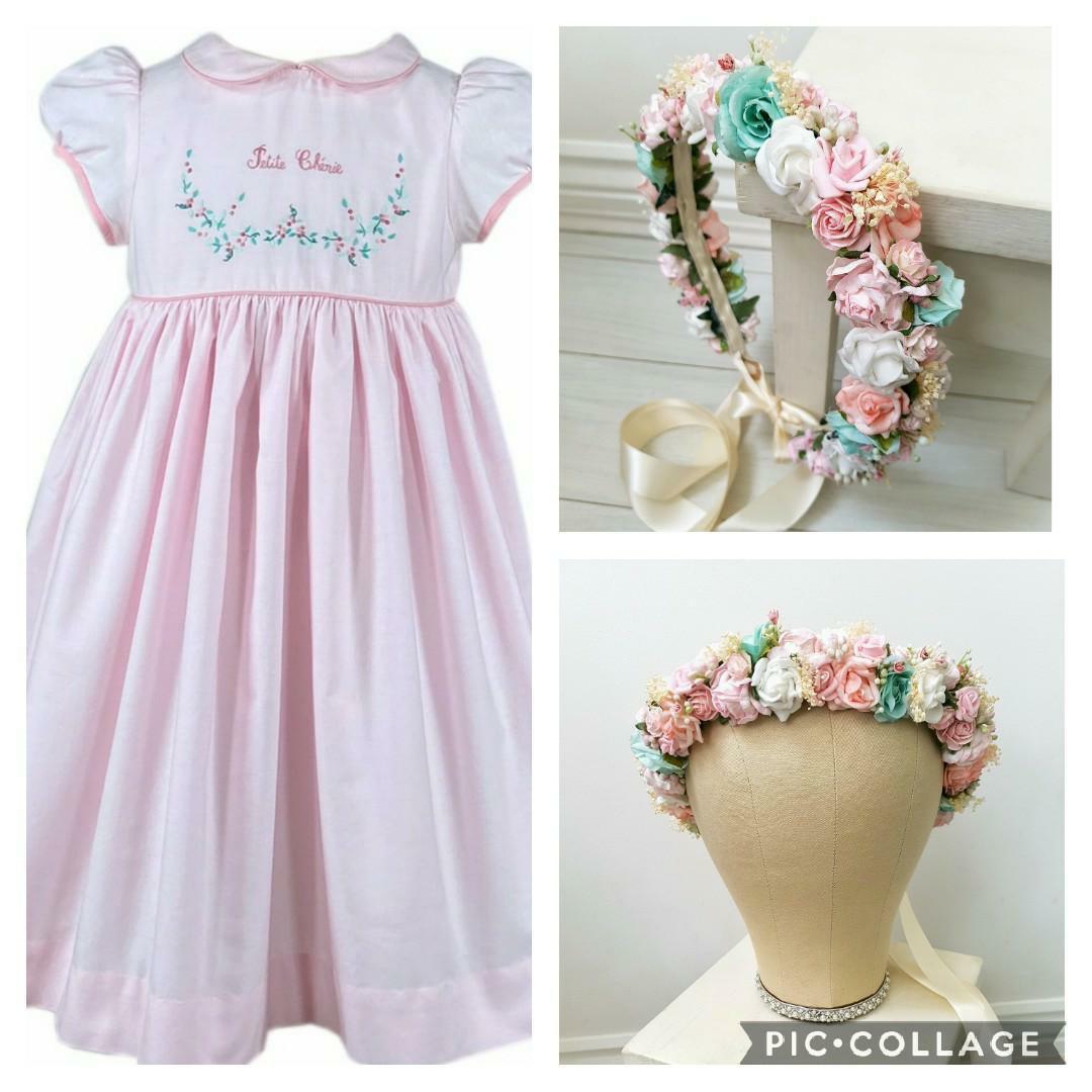 Custom made floral crowns and matching embroidered dress for children - flower girl romantic look