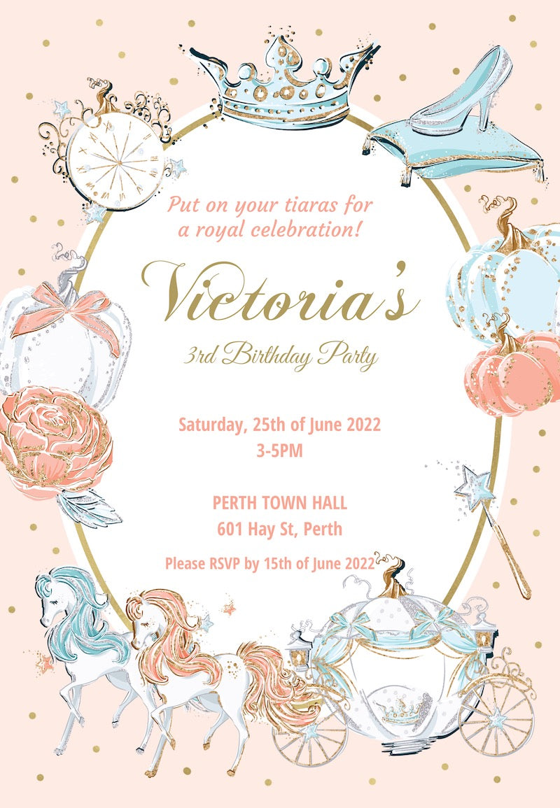 Princess Fairytale birthday theme party decor and outfit inspiration for little girls Australia celebrate childhood Cinderella party invitation