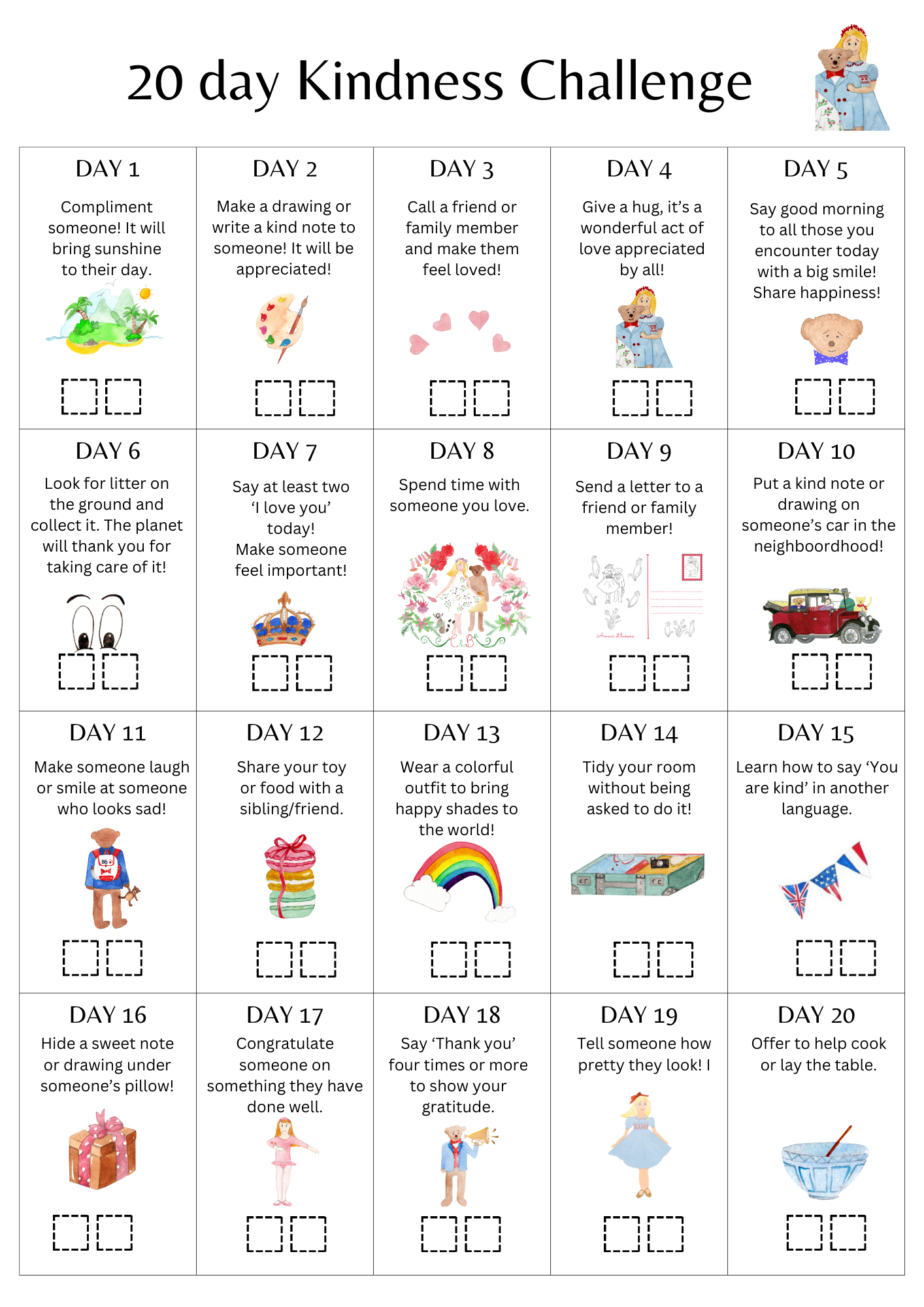 20 days random acts of kindness challenge for children and families