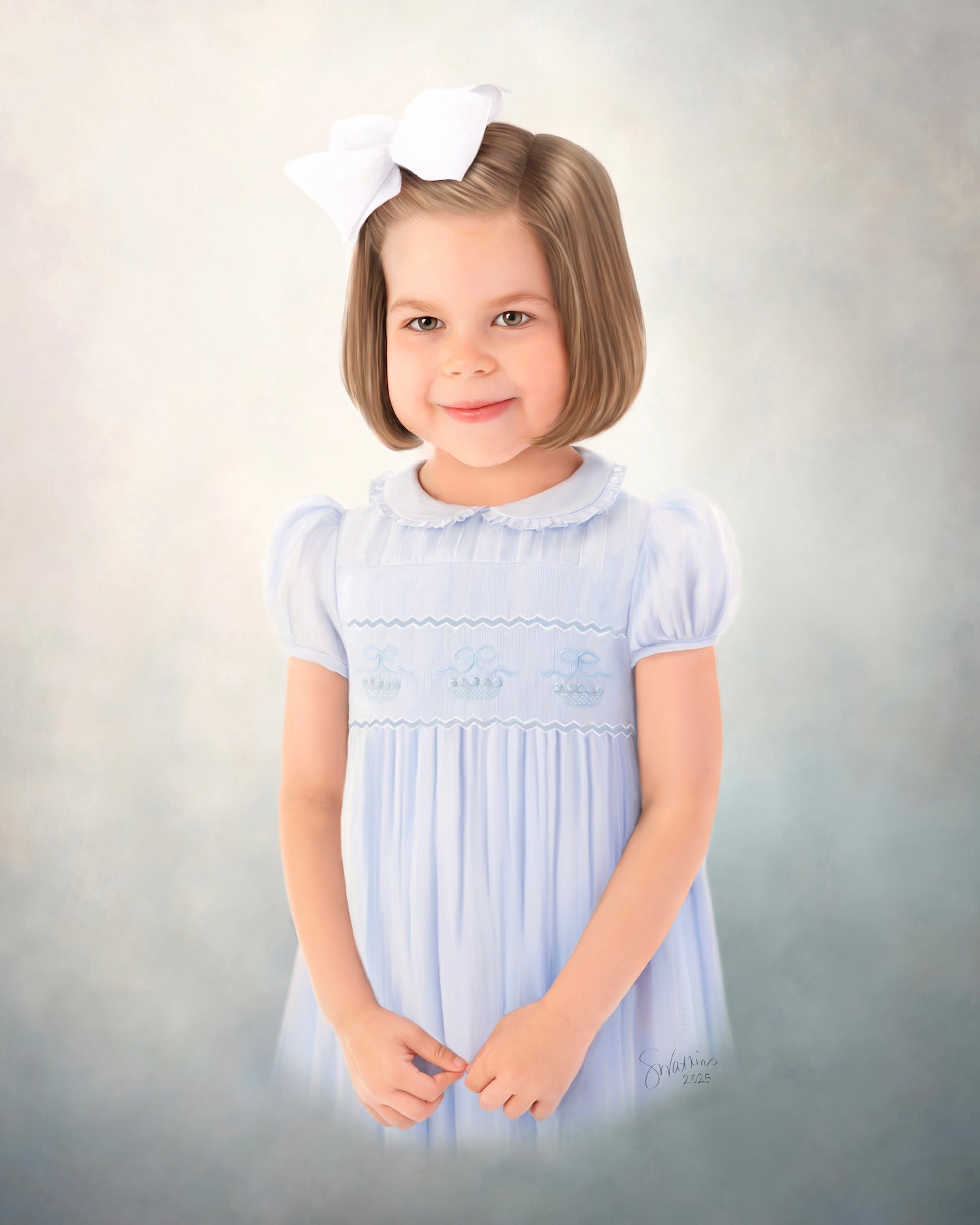 Heirloom portrait for children, childhood photography, classic blue smocked dress