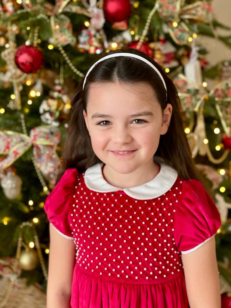 Christmas in London family traditions red velvet smocked dress