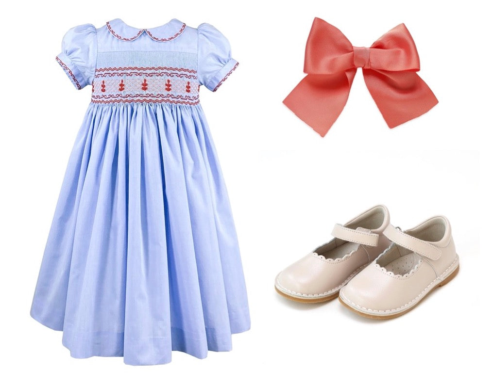 Princess Charlotte classic girl look -  smocked dress bow and Mary Jane