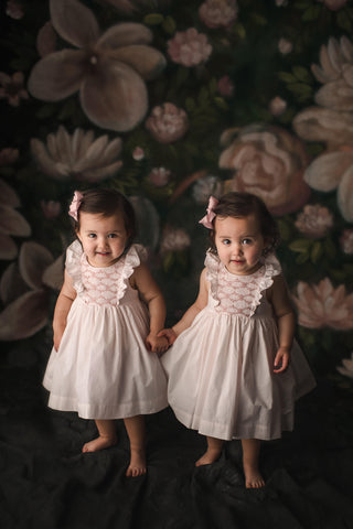 child photography twins matching smocked dresses ruffles