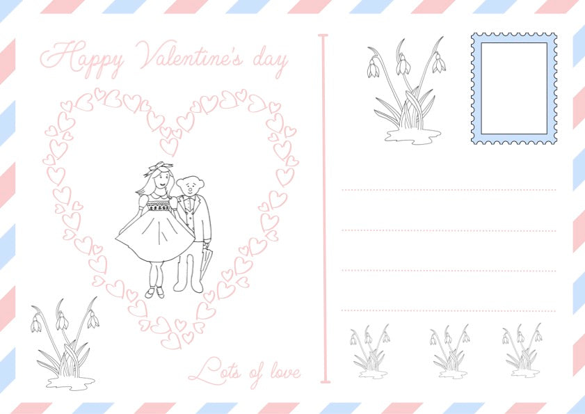February Valentine's holiday downloadable coloring card craft for children Charlotte and Burlington snail mail
