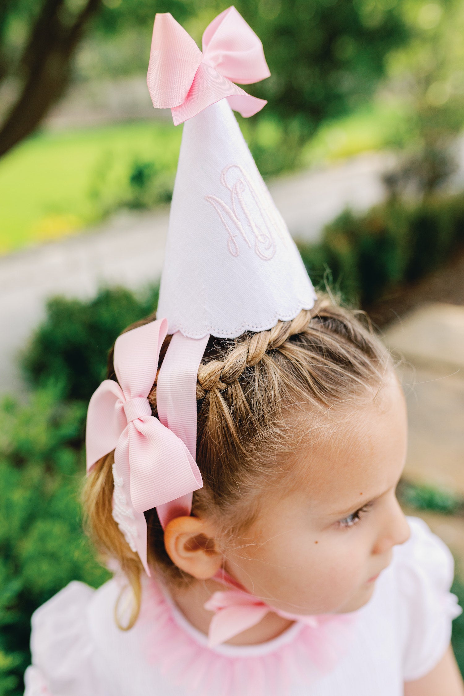 Monogrammed pink bow party hat Charlotte sy Dimby pink bow pearl party dress and inspiration for children little princess