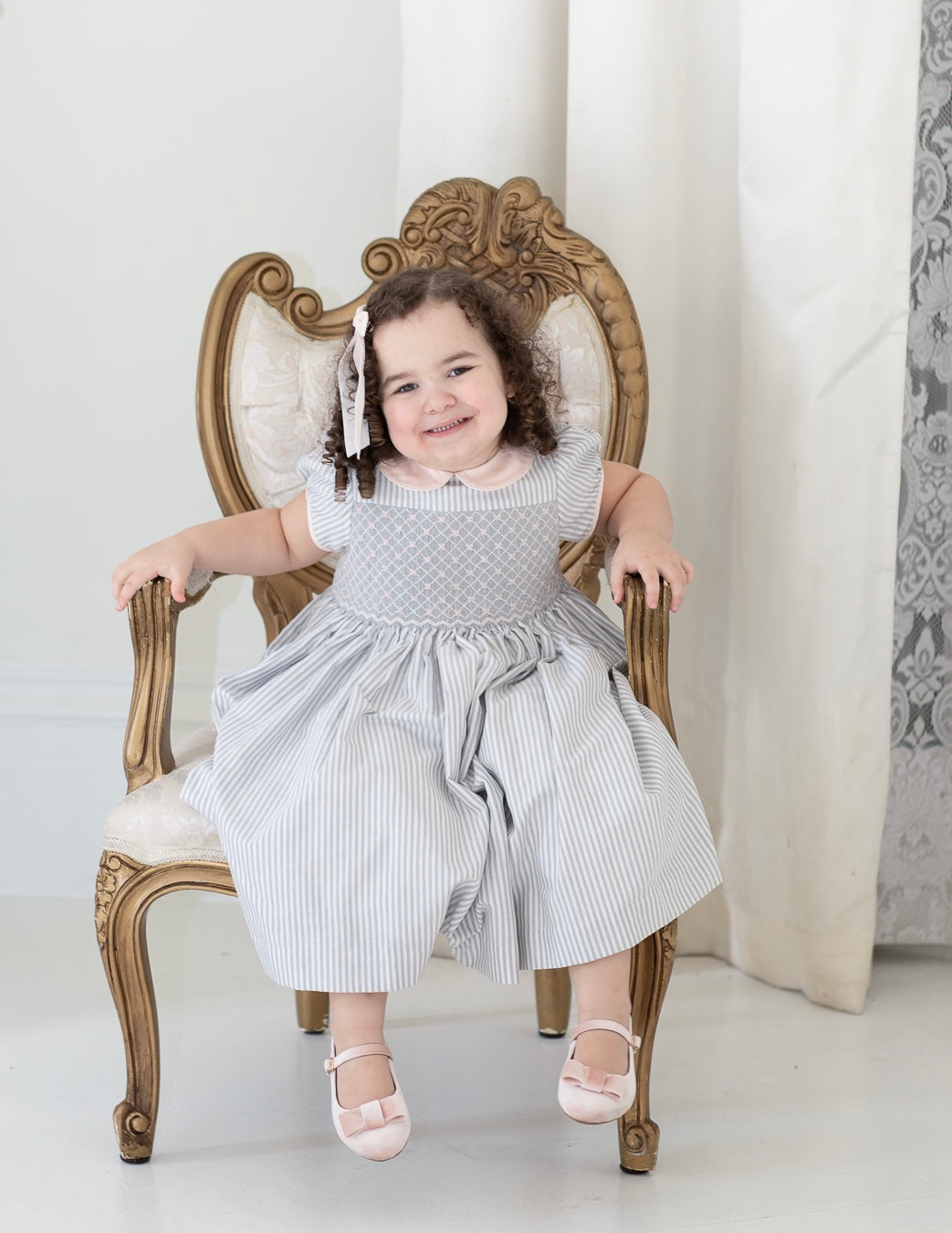 White and grey pink bow smocked dress