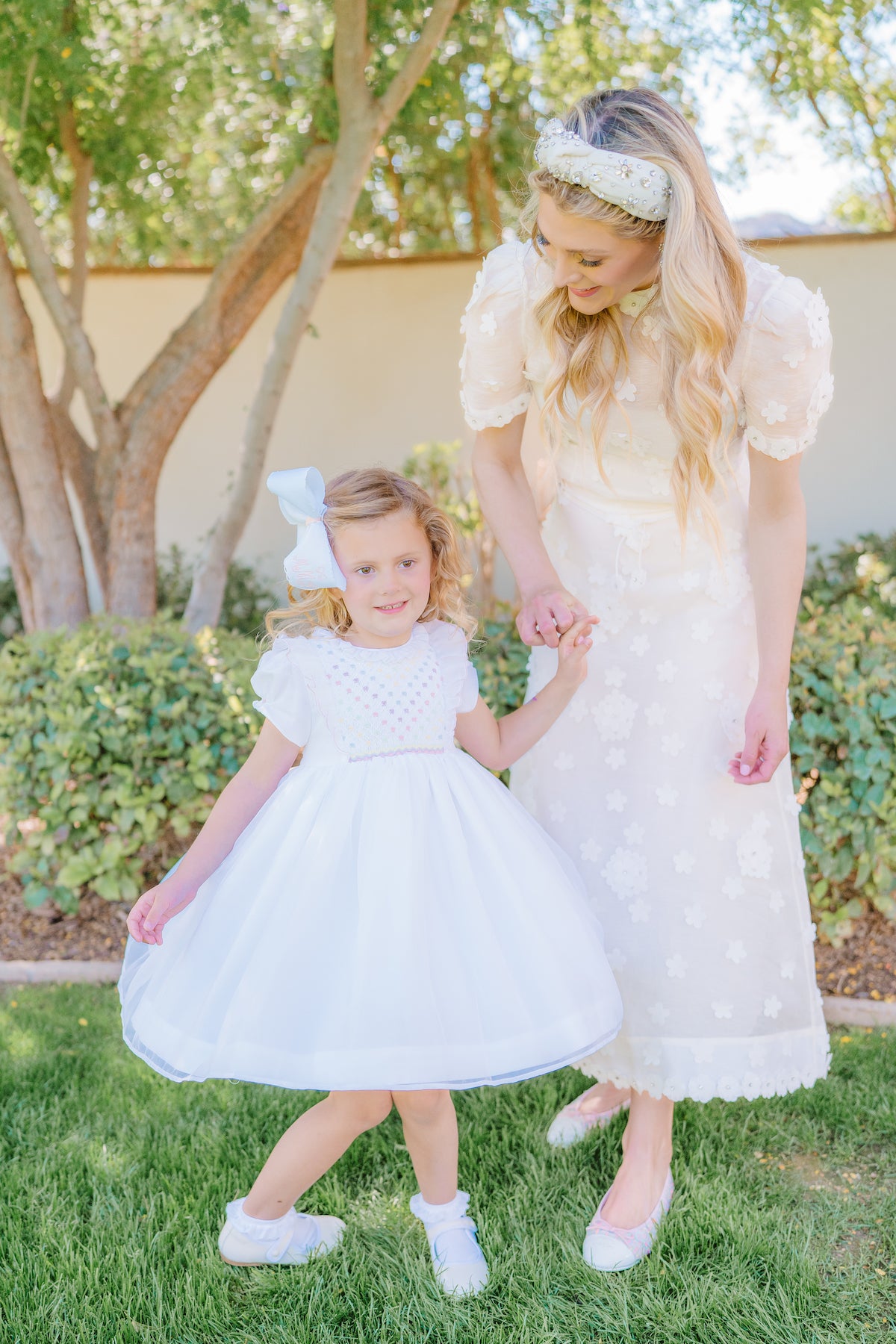 Charlotte sy Dimby pastel rainbow bow classic chic romantic princess white party smocked dress for babies and girls her royal fiveness celebration arizona us mummy and me coordinated look