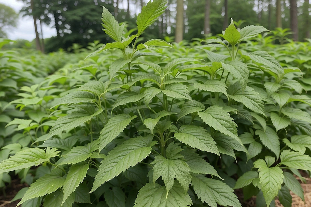 UNIQUELYFORU.COM UniquelyForU close-up of The Powerful Herb Stinging Nettle, standing tall, growing in the countryside in the woods on a nice sunny day. with trees and shrubbery in the background.