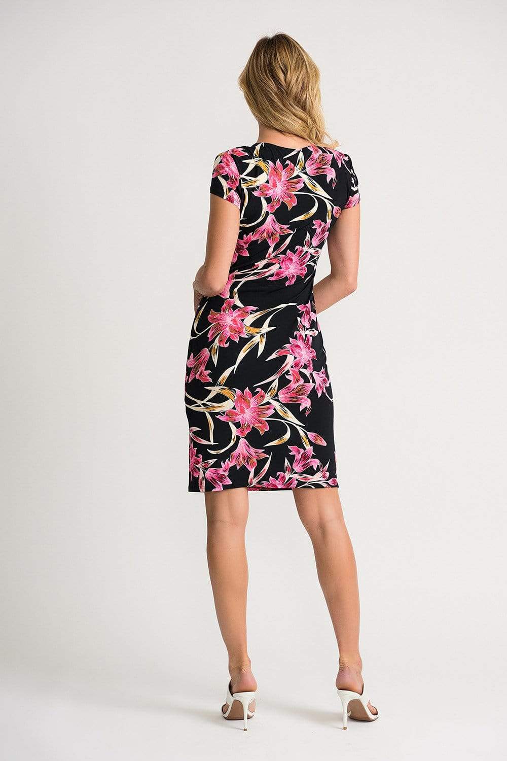 black dress with pink floral print