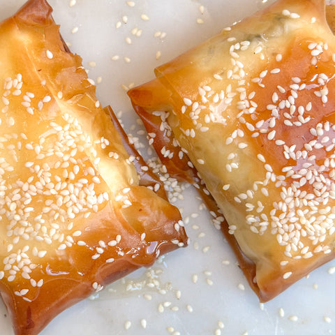 Feta wrapped in Filo pastry sprinkled with sesame seeds and honey 