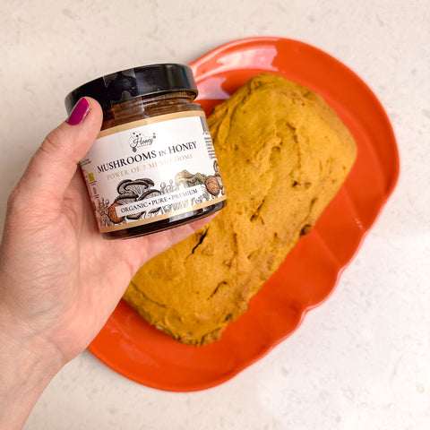 Pumpkin and mushroom honey bread on a pumpkin plate