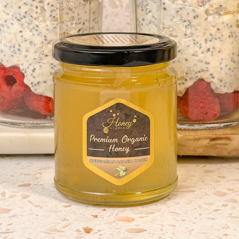 a jar of Organic Natural Hungarian Acacia Honey