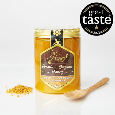 Jar of Organic Honey with Bee Pollen and Propolis