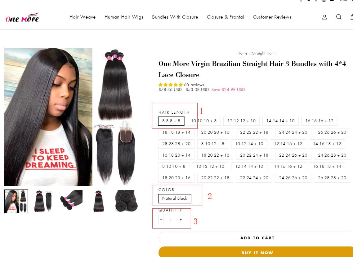 One More Virgin Brazilian Straight Hair 3 Bundles with 4*4 Lace Closure