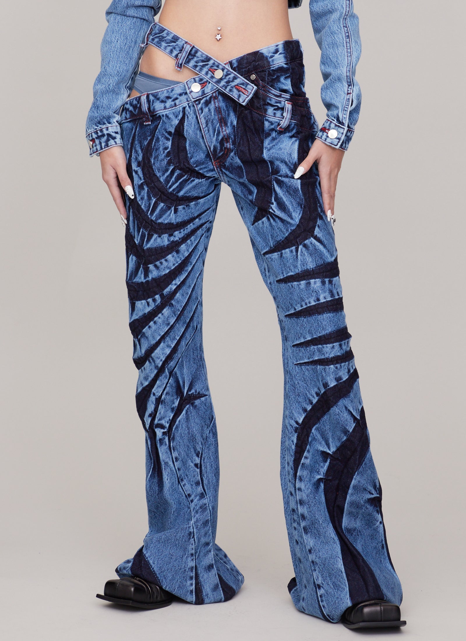 50/50 asymmetrical tribal flower bias cut jeans – HITCHHIKER