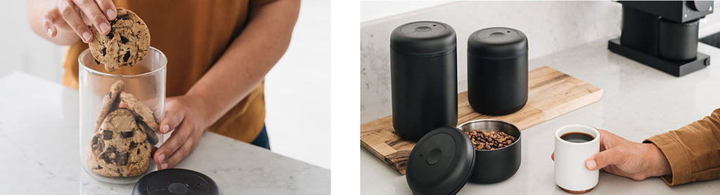 Images of Atmos Canisters in Glass and Black finishes with cookies and coffee