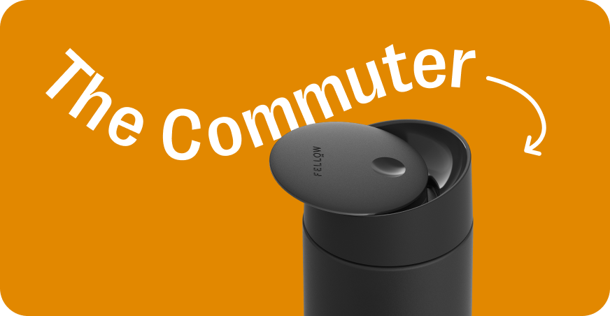 Fellow Carter Move Mug + Slide-Lock Lid in matte black with text reading The Commuter