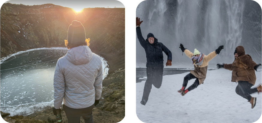 Kerid crater in Iceland and three people jumping front of a waterfall