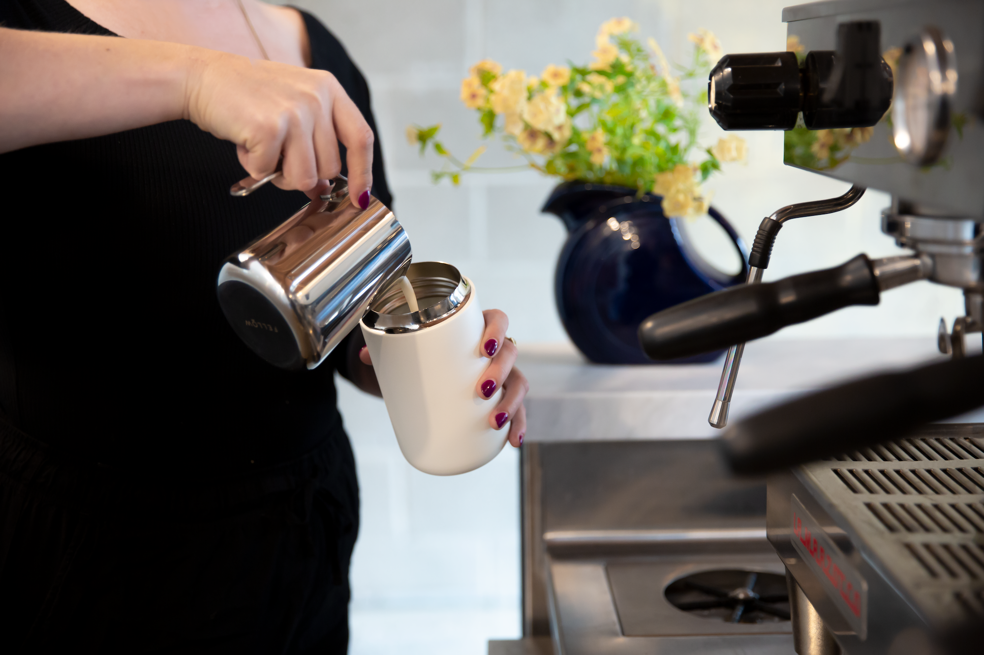 Process Of Making Pour Over Coffee Woman Hand Holding Kettle Over