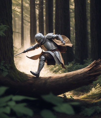 knight running away through a forest