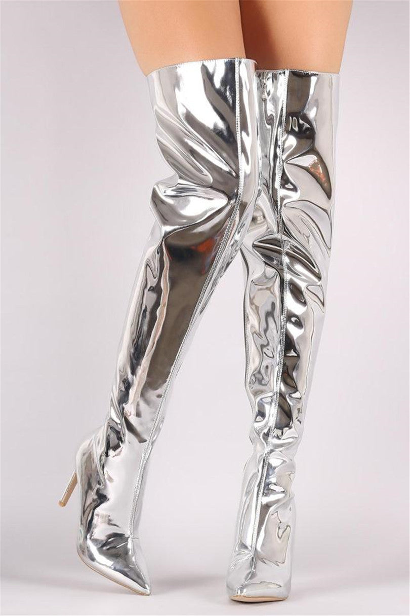 silver patent leather boots