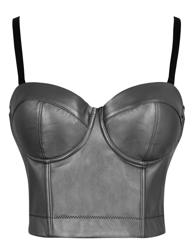 Spaghetti Straps Push Up Faux Leather Bustier Crop Top Bra – Charmian ...