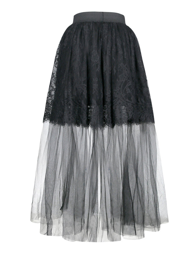 Gothic Multi-layered Sheer Mesh Long Tulle Pleated Maxi Skirt ...