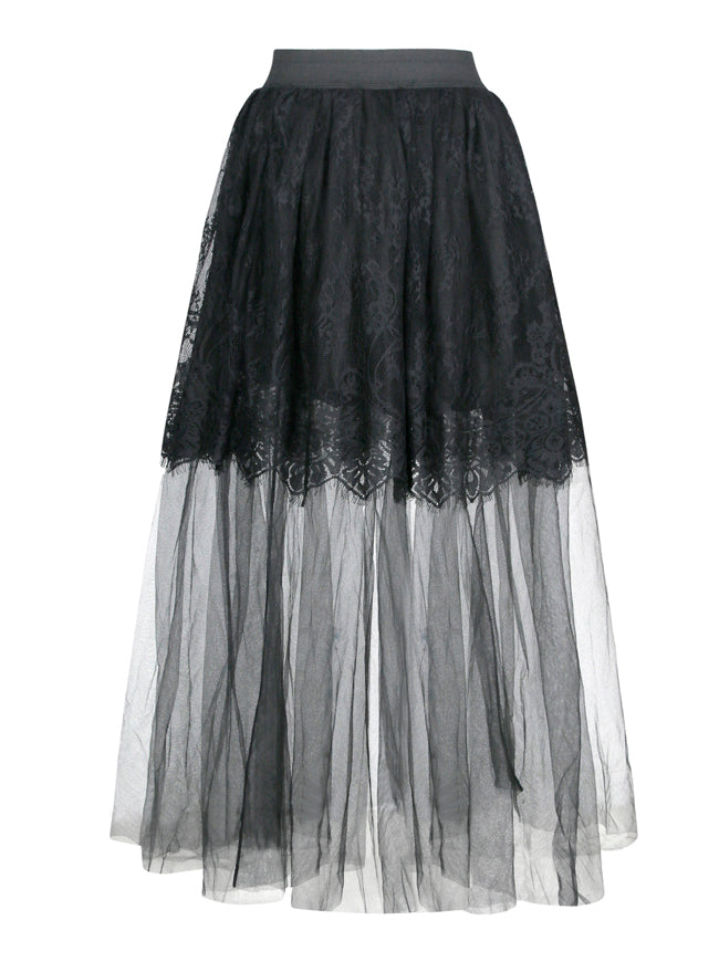 Gothic Multi-layered Sheer Mesh Long Tulle Pleated Maxi Skirt ...