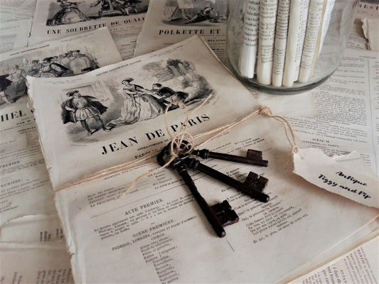 1800s Antique Book Pages & Three Antique Iron Keys, 50+ Large, French, Theatre Plays Dating from 1857. Paper Ephemera. Old Book Pages Décor