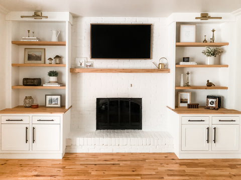 Built-ins around fireplace, Red Oak shelves