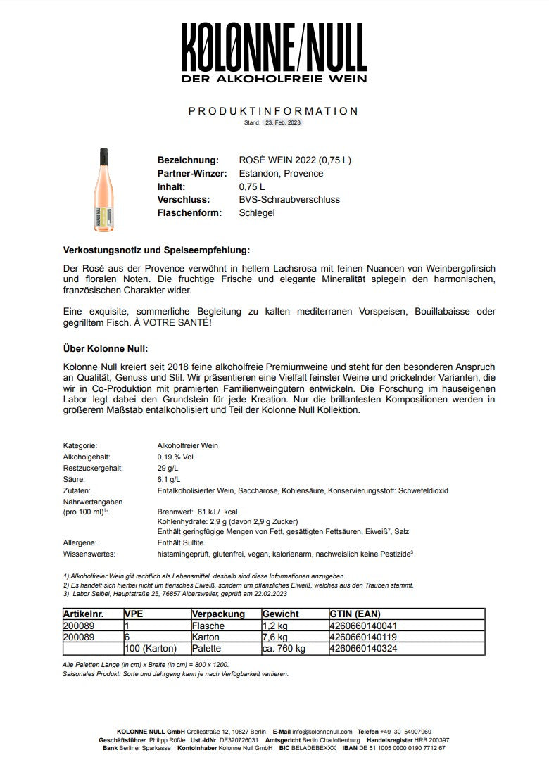 Produktinformationsblatt Rosé Wein 2022