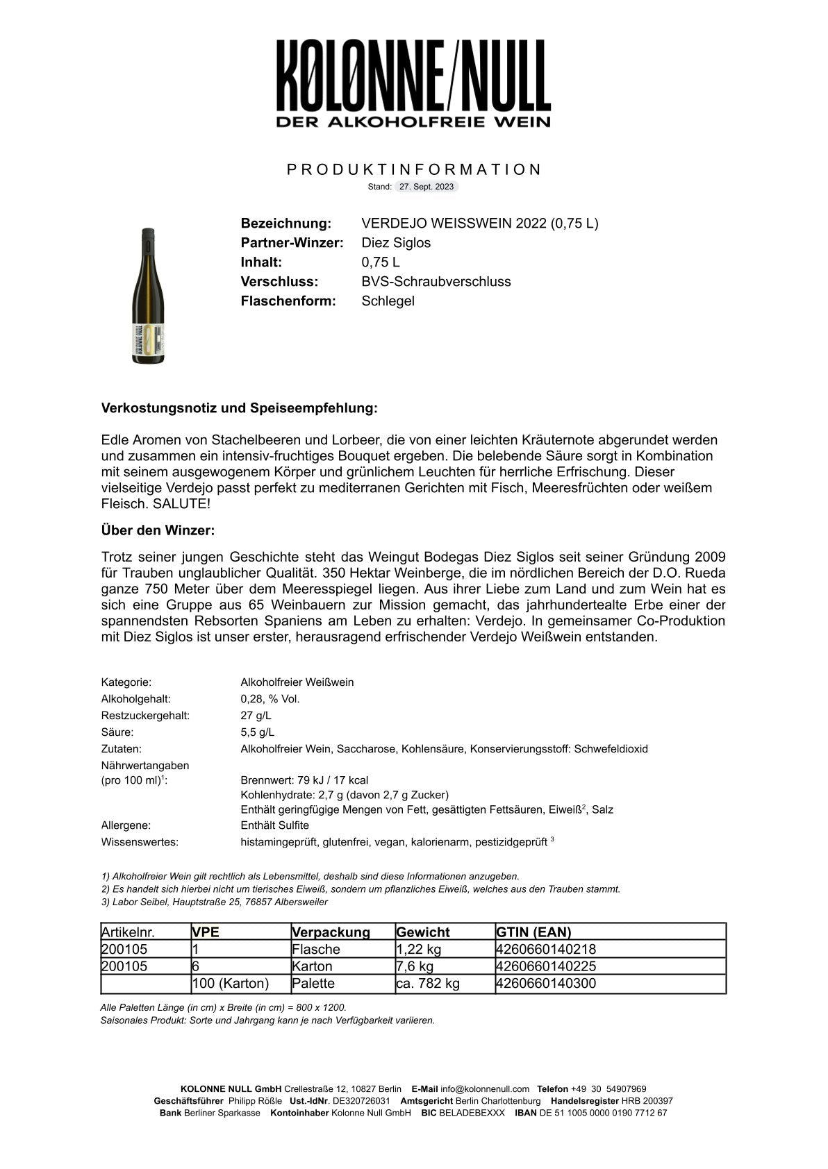 VERDEJO WEISSWEIN 2022 0,75L L23230 - KOLONNE NULL