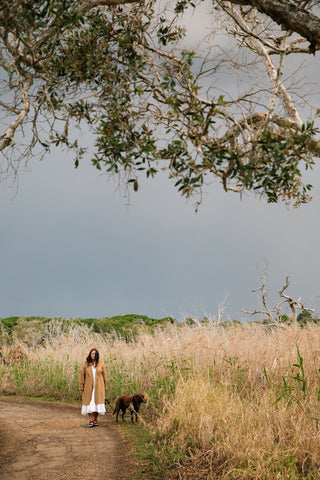 Victoria Aguirre of Pampa wears Little Tienda Britta dress in Crisp White in Byron Bay