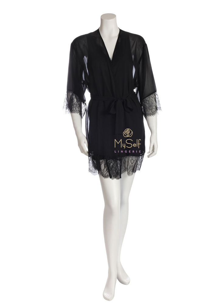 Montelle Intimates Lacy Lace Trim Mesh Robe in Black