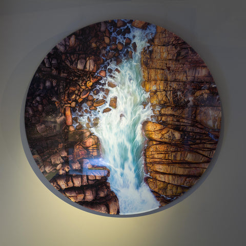 Facemount acrylic framing circle Wyadup Rock tidal water through rocks Christian Fletcher Gallery photography aerial drone