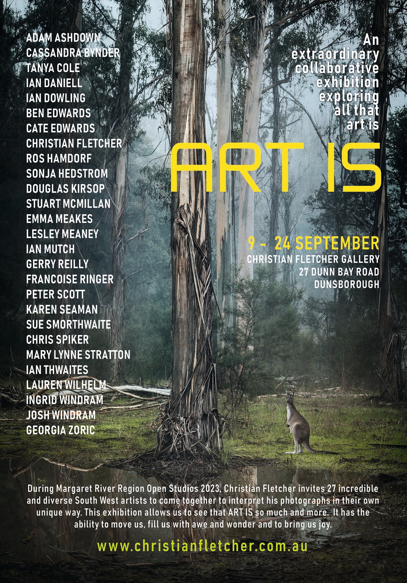 Poster of a collaborative exhibition by Christian Fletcher and 26 South West artists, during the Margaret River Region Open Studio event.