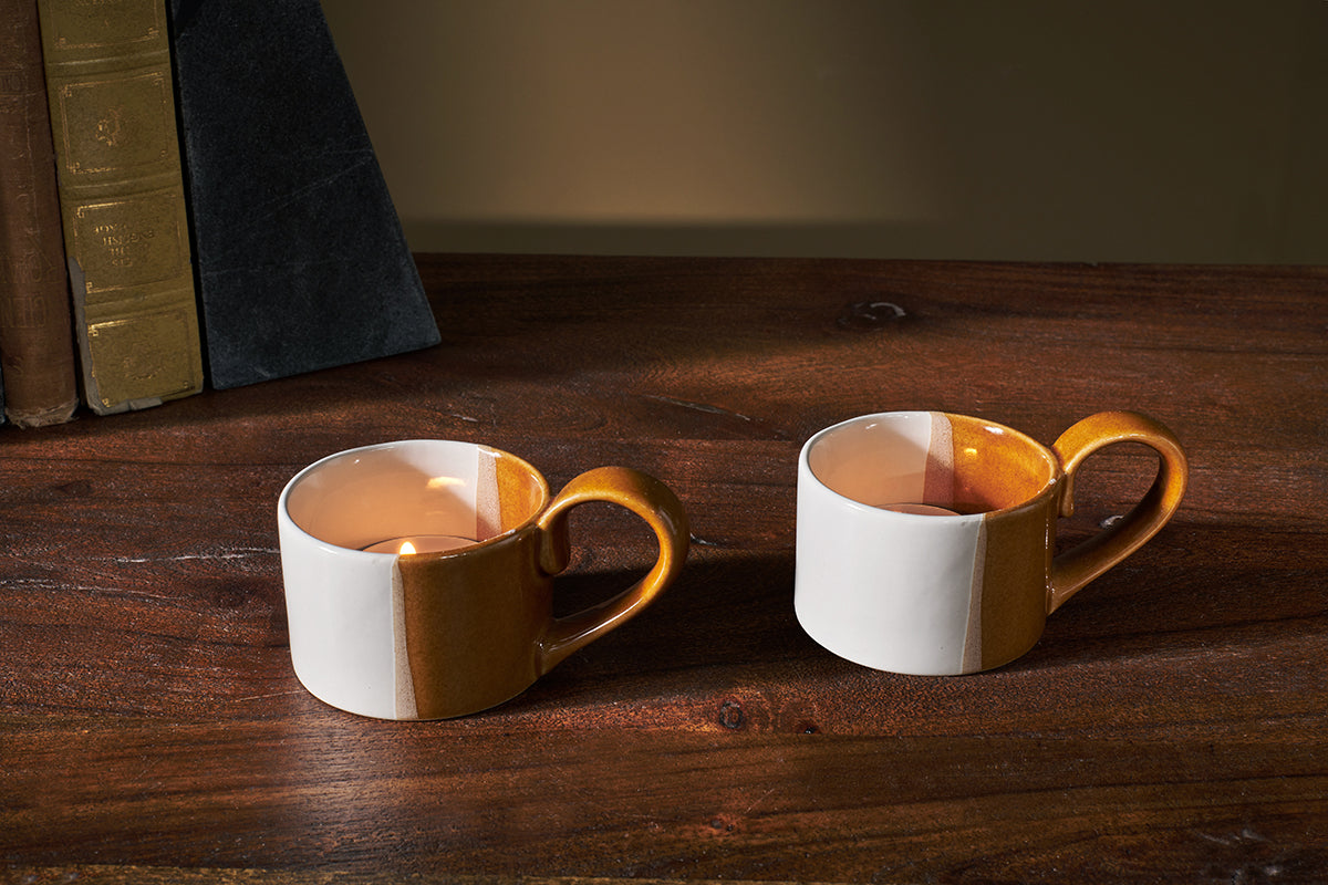 Nkuku Mittee Ceramic Teacup Tealight Holder Set Of 2 | Candles Holders & Lanterns | White/Brown