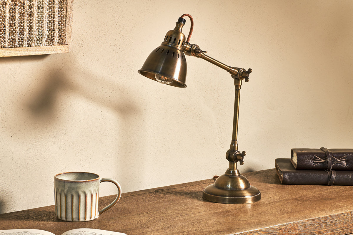 Nkuku Tubu Antique Brass Desk Lamp | Lamps And Shades | Gold | Adjustable 32-48 x 13 cm (Diameter)