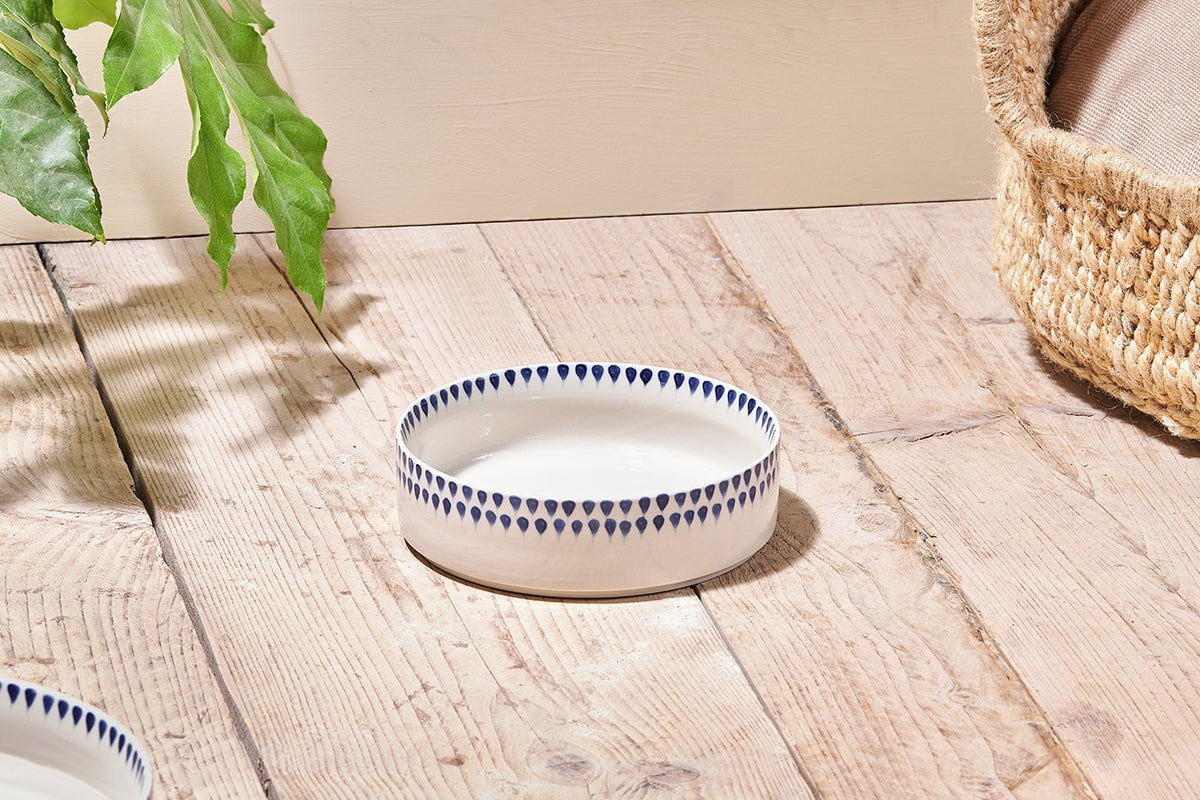 Nkuku Indigo Drop Ceramic Pet Bowl | Pet | Cream/Indigo | Medium