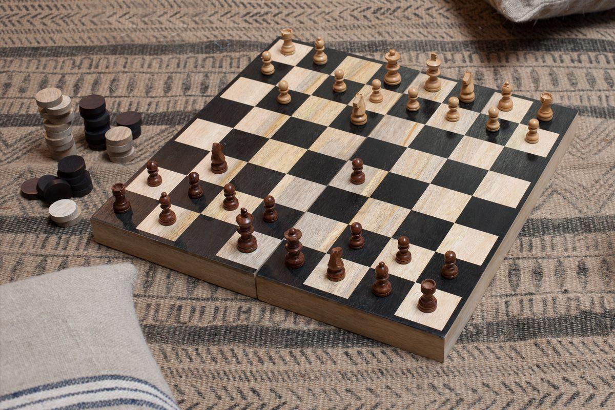 Nkuku Mango Wood Chess & Draughts | Gift Jewellery & Accessories | Brown | 7 x 20 x 40 cm