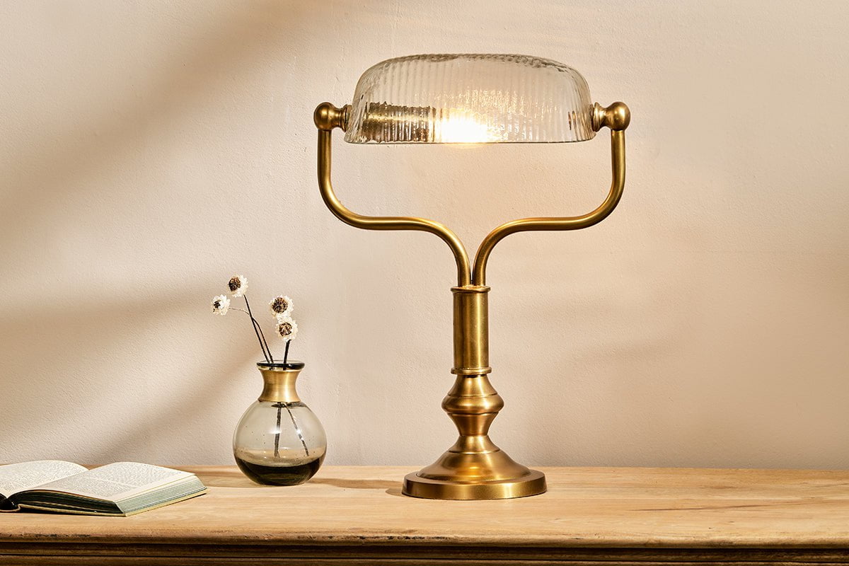 Nkuku Ulani Vintage Desk Lamp | Lamps And Shades | Antique Brass/Clear
