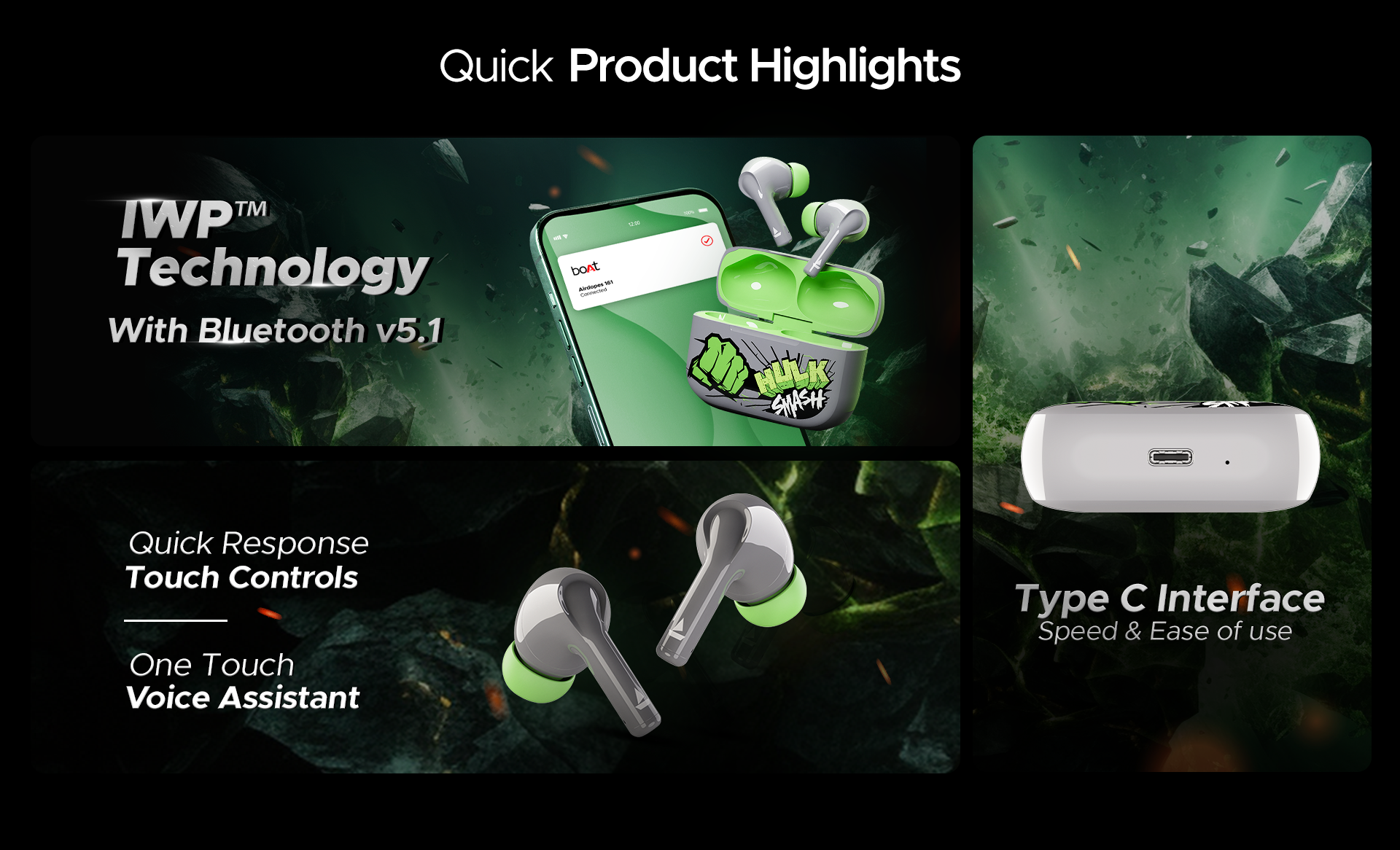 boAt Airdopes 161 Hulk Bluetooth Truly Wireless Earbuds 