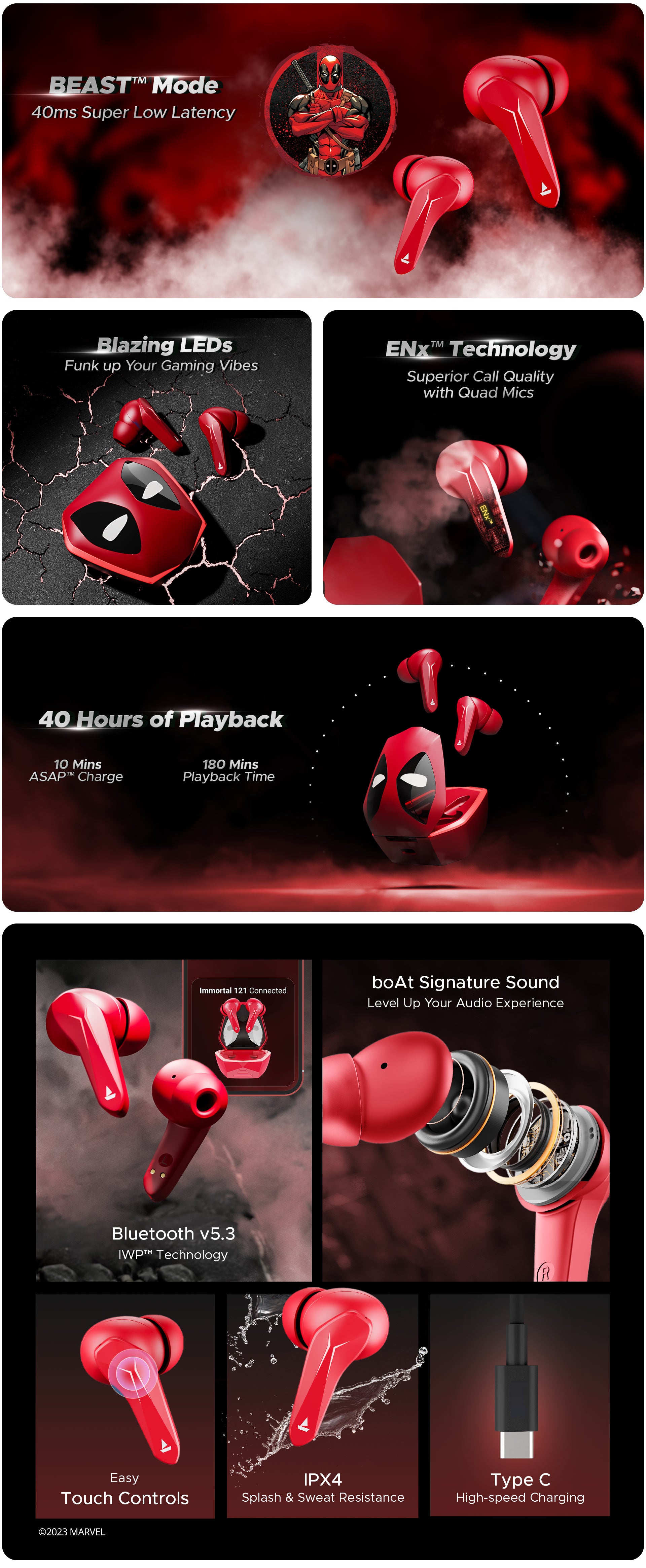 boAt Immortal 121 Deadpool Edition TWS Gaming Earbuds