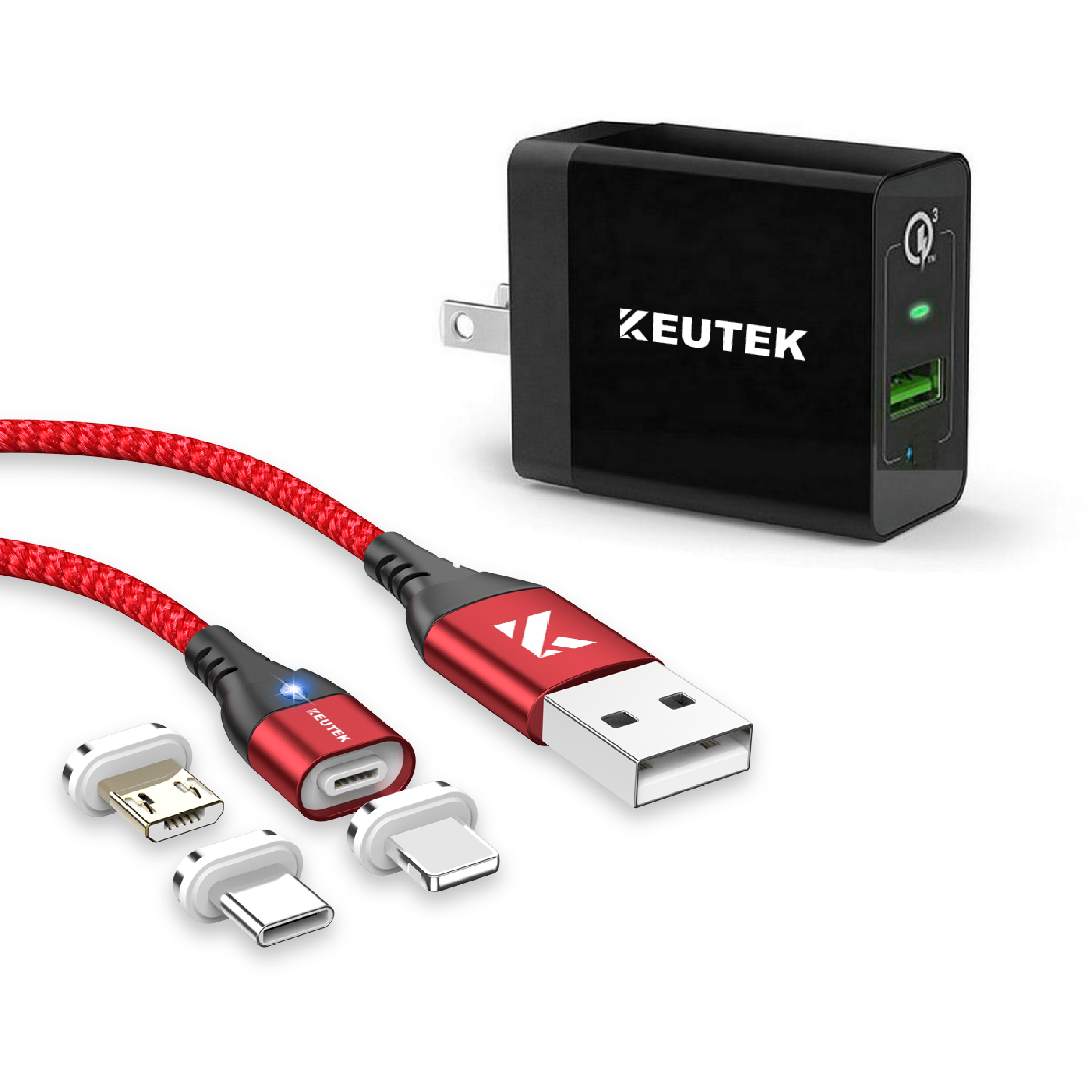 3A Fast Charging Cable + Wall Charger Bundle (+3 Tips) | KEUTEK
