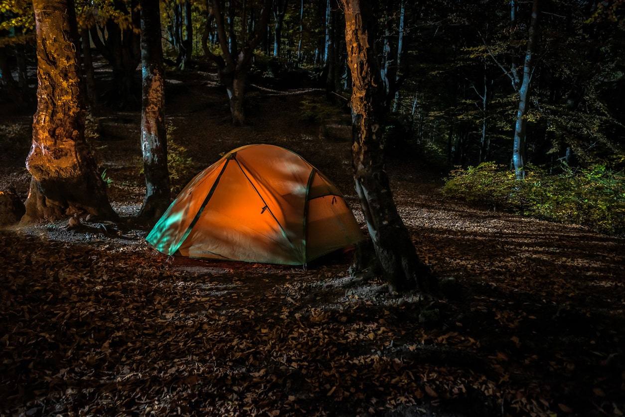 Secluded illuminated tent nestled among forest trees at night, capturing the tranquil and immersive experience of boondocking camping | KEUTEK
