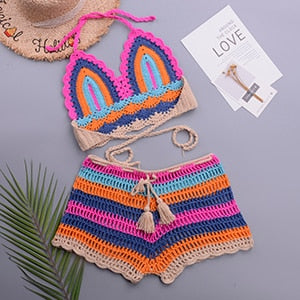 Crochet Bikini Sets Multi Color Knitted Rainbow Striped Off Shoulder Top + Bottom Bikini Beachwear Bathing Suit Women Swimsuit