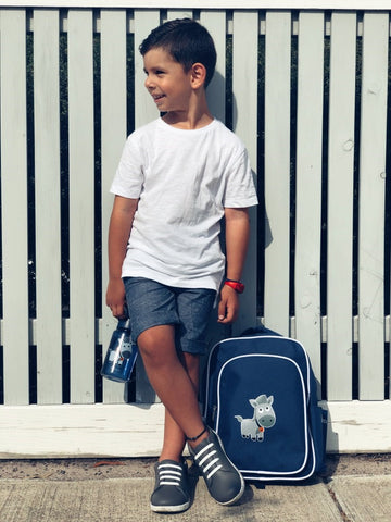 Boy leaning against a fence, holding an indigo Jordbarn water bottle and backpack by his side
