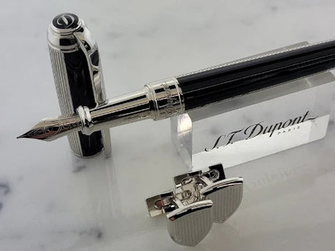 S.T. Dupont New Line D Fountain Pen in black lacquer with palladium accents and matching stainless steel cufflinks plated with palladium